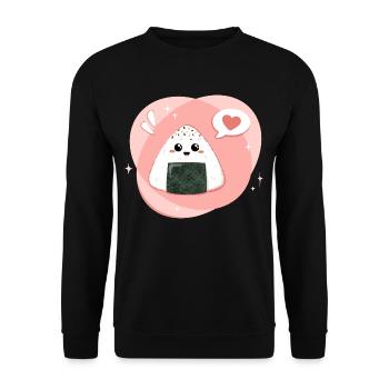 Kawaii Onigiri in pink rosa mit Herz - Unisex Pullover - Schwarz - Vorne - Alina (178cm) & Michal (187cm)
