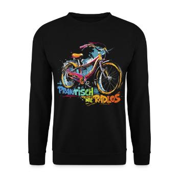 Buntes Fahrrad mit Spritz-Design - Unisex Pullover - Schwarz - Vorne - Alina (178cm) & Michal (187cm)