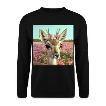 Reh mit Blumenkrone in Frühlingswiese (AI-Art) - Unisex Pullover - Schwarz - Vorne - Alina (178cm) & Michal (187cm)