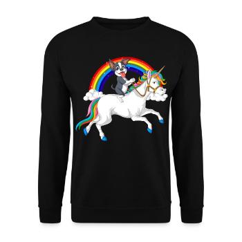 Verspielter Boston Terrier Welpe und Regenbogen-Einhorn - Unisex Pullover - Schwarz - Vorne - Alina (178cm) & Michal (187cm)