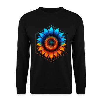 Sonnenblumenblau und -gold, leuchtendes Orange - Unisex Pullover - Schwarz - Vorne - Alina (178cm) & Michal (187cm)