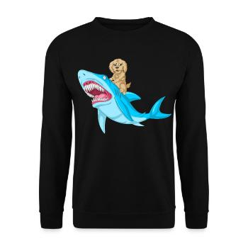 Verspielte Golden Doodle Welpe reitet Hai Design - Unisex Pullover - Schwarz - Vorne - Alina (178cm) & Michal (187cm)