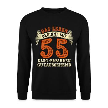 Das Leben beginnt mit 55 zum 55. Geburtstag - Unisex Pullover - Schwarz - Vorne - Alina (178cm) & Michal (187cm)