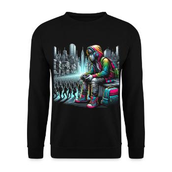 Illustration vibrante du paysage urbain cyberpunk - Sweat-shirt Unisexe - noir - Devant - Alina (178cm) & Michal (187cm)