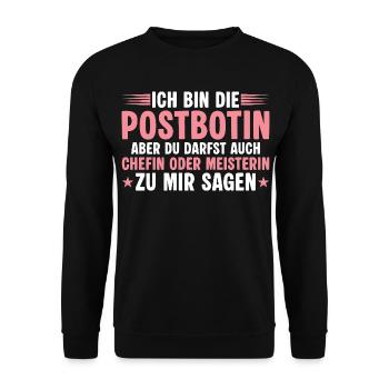 Postbotin aber du darfst auch Chefin sagen - Unisex Pullover - Schwarz - Vorne - Alina (178cm) & Michal (187cm)