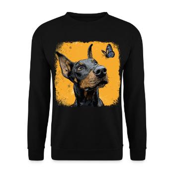 Drôle de doberman et de papillon sur orange - Sweat-shirt Unisexe - noir - Devant - Alina (178cm) & Michal (187cm)