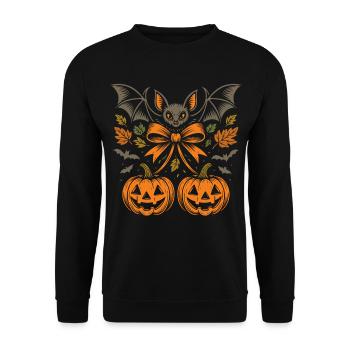 Halloween Fledermaus mit Kürbissen und Blättern - Unisex Pullover - Schwarz - Vorne - Alina (178cm) & Michal (187cm)