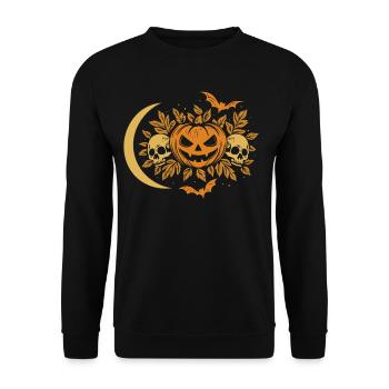Halloween Kürbis mit Schädeln und Mond - Unisex Pullover - Schwarz - Vorne - Alina (178cm) & Michal (187cm)
