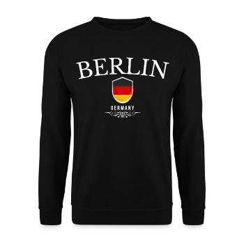 Berlin, Deutschland, elegantes und minimalistisches Design - Unisex Pullover - Schwarz - Vorne - Alina (178cm) & Michal (187cm)