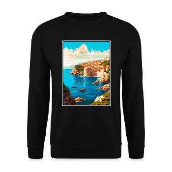 Dubrovnik Kroatien Vintage-Reiseplakat Stadtbild - Unisex Pullover - Schwarz - Vorne - Alina (178cm) & Michal (187cm)