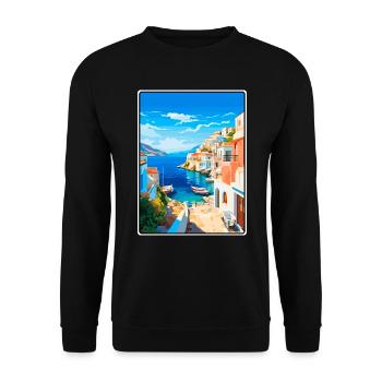 Milos Griechenland Vintage-Reiseplakat Cityscape WPA - Unisex Pullover - Schwarz - Vorne - Alina (178cm) & Michal (187cm)