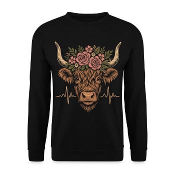 Highland Kuh mit Blumen und Herzschlag EKG - Unisex Pullover - Schwarz - Vorne - Alina (178cm) & Michal (187cm)