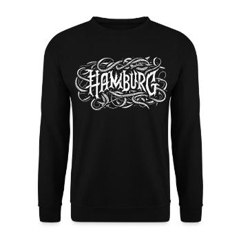 Hamburg Heavy Metal Headbanger Typografie - Unisex Pullover - Schwarz - Vorne - Alina (178cm) & Michal (187cm)