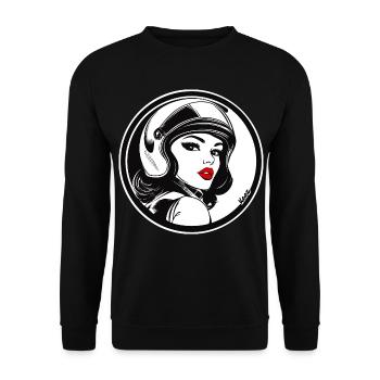 Retro Chic Racer Frau mit Helm - Unisex Pullover - Schwarz - Vorne - Alina (178cm) & Michal (187cm)