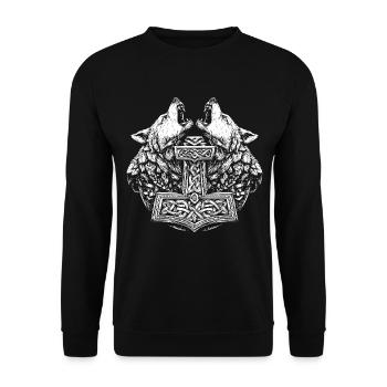 Nordisch Wolf Thor Hammer Wikinger Symbol - Unisex Pullover - Schwarz - Vorne - Alina (178cm) & Michal (187cm)