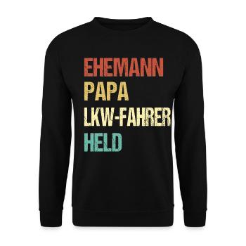Ehemann Papa LKW-Fahrer Held Shirt - Unisex Pullover - Schwarz - Vorne - Alina (178cm) & Michal (187cm)