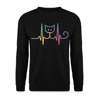 Katze EKG Herzschlag Regenbogen Motiv - Unisex Pullover - Schwarz - Vorne - Alina (178cm) & Michal (187cm)