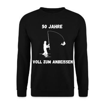Angler T-Shirt 50 Years – Full to bite into - Unisex Sweatshirt - black - Front - Alina (178cm) & Michal (187cm)