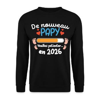 De Nouveau Papy 2026 Humour Famille Annonce Grosse - Sweat-shirt Unisexe - noir - Devant - Alina (178cm) & Michal (187cm)
