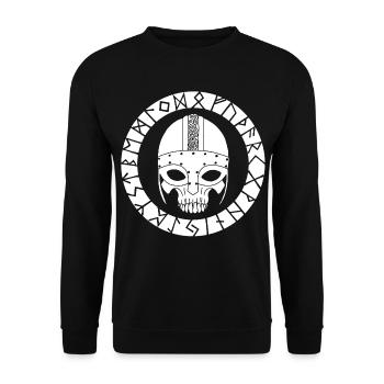 Weißer Totenkopf und Wikinger-Runen - Unisex Pullover - Schwarz - Vorne - Alina (178cm) & Michal (187cm)