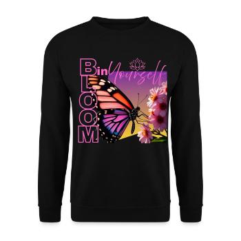 Schmetterling mit Spruch - Bloom in yourself - Unisex Pullover - Schwarz - Vorne - Alina (178cm) & Michal (187cm)