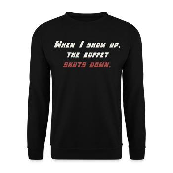 Buffet - Foodie Spruch - Unisex Pullover - Schwarz - Vorne - Alina (178cm) & Michal (187cm)