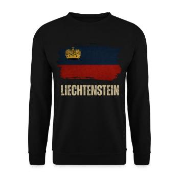 Grunge-Flagge von Liechtenstein, ich liebe Liechtenstein - Unisex Pullover - Schwarz - Vorne - Alina (178cm) & Michal (187cm)