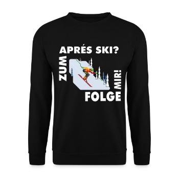 For après-ski? Follow me! – Hüttengaudi Spruch - Unisex Sweatshirt - black - Front - Alina (178cm) & Michal (187cm)