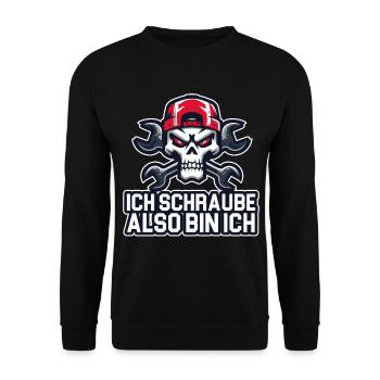 Ich schraube, also bin ich – Werkstattphilosophie  - Unisex Pullover - Schwarz - Vorne - Alina (178cm) & Michal (187cm)