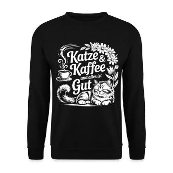 Le chat et le café – Tout va bien - Sweat-shirt Unisexe - noir - Devant - Alina (178cm) & Michal (187cm)