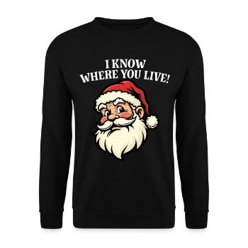 Je sais où tu habites - Père Noël - Sweat-shirt Unisexe - noir - Devant - Alina (178cm) & Michal (187cm)