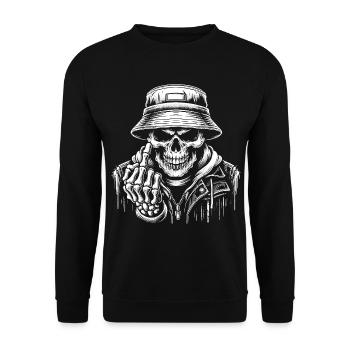Schädel mit Bucket Hat und Mittelfinger - Unisex Pullover - Schwarz - Vorne - Alina (178cm) & Michal (187cm)
