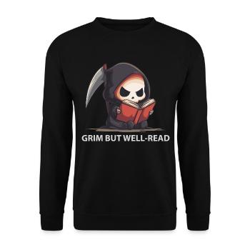 Lesender Reaper – Dark Cute Humor - Unisex Pullover - Schwarz - Vorne - Alina (178cm) & Michal (187cm)