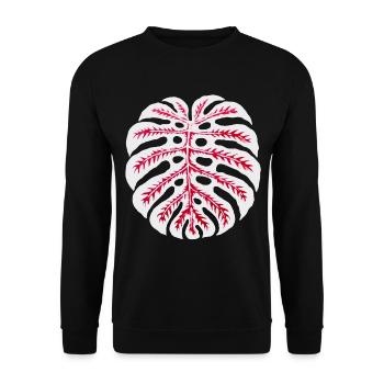 Monstera Blatt Rot – Tropisches Pflanzenmotiv - Unisex Pullover - Schwarz - Vorne - Alina (178cm) & Michal (187cm)