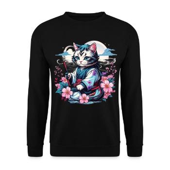 Japanische Kawaii Ninja Katze - Unisex Pullover - Schwarz - Vorne - Alina (178cm) & Michal (187cm)