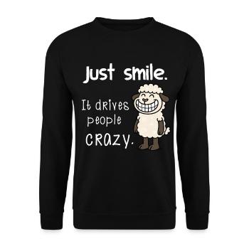 Just Smile – Cheeky Funny Sheep Motif Saying - Unisex Sweatshirt - black - Front - Alina (178cm) & Michal (187cm)