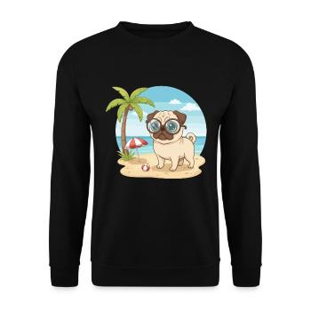 Niedlicher Mops mit Brille – Strandurlaub im Sommer - Unisex Pullover - Schwarz - Vorne - Alina (178cm) & Michal (187cm)