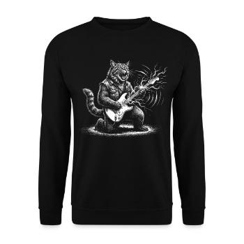 Katze E-Gitarre Rock Musik Metal Blitz Gitarrist - Unisex Pullover - Schwarz - Vorne - Alina (178cm) & Michal (187cm)