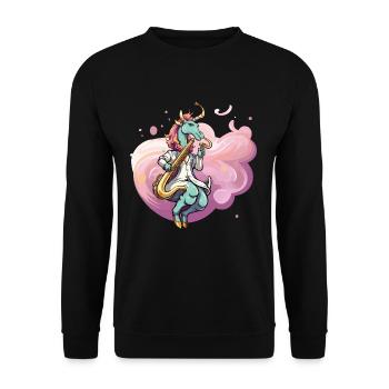 Pastell Unicorn Saxophonist - Unisex Pullover - Schwarz - Vorne - Alina (178cm) & Michal (187cm)