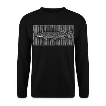 Hecht Line-Art – Edles Angler & Fischer Design - Unisex Pullover - Schwarz - Vorne - Alina (178cm) & Michal (187cm)