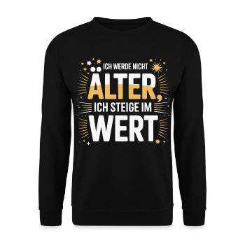 Lustiger Geburtstagsspruch ich steige im Wert - Unisex Pullover - Schwarz - Vorne - Alina (178cm) & Michal (187cm)
