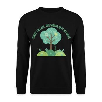 Entschuldigung, dass ich zu spät bin. Der Wald hat meine Discs behalten. Disc-Golf. - Unisex Pullover - Schwarz - Vorne - Alina (178cm) & Michal (187cm)