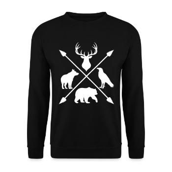 Waldtiere Wildnis Hirsch Wolf Bär Pfeile - Unisex Pullover - Schwarz - Vorne - Alina (178cm) & Michal (187cm)