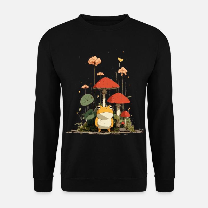 Frosch vor roten Pilzen im Wald - Unisex Pullover - Schwarz