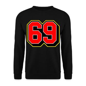 Fettgedruckte 69 Sporttrikotnummer - Unisex Pullover - Schwarz - Vorne - Alina (178cm) & Michal (187cm)