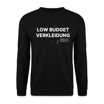 Low Budget Kostüm – mit Konfetti! Karneval Spaß - Unisex Pullover - Schwarz - Vorne - Alina (178cm) & Michal (187cm)