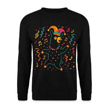 Tanzendes Karneval Alpaka mit Narrenkappe  - Unisex Pullover - Schwarz - Vorne - Alina (178cm) & Michal (187cm)