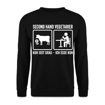 Second Hand Vegetarier – Lustiges Fleisch Design - Unisex Pullover - Schwarz - Vorne - Alina (178cm) & Michal (187cm)