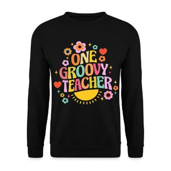 Groovy Lehrer mit Herz und Blumen - Unisex Pullover - Schwarz - Vorne - Alina (178cm) & Michal (187cm)