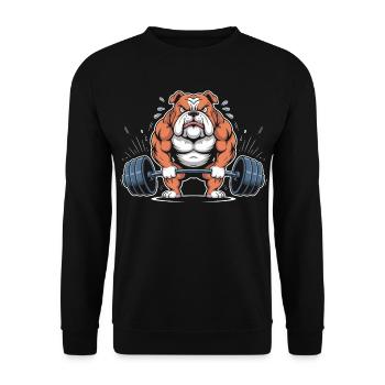 Kraftbulldogge beim Heben - Unisex Pullover - Schwarz - Vorne - Alina (178cm) & Michal (187cm)